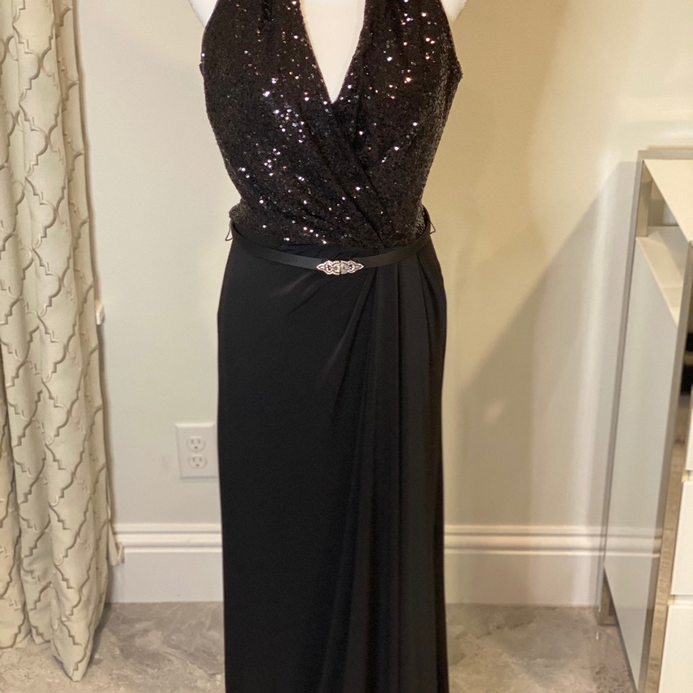 Black evening gown with sequin bust line